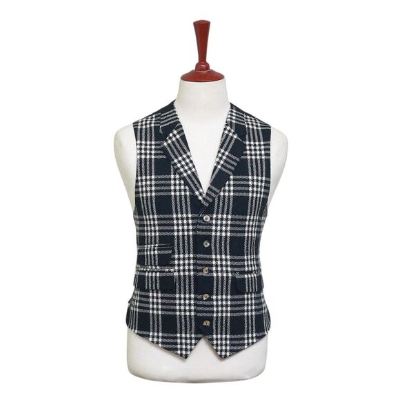 Mens Plaid Vest 44R Black Ivory Wool Waistcoat XL Formal Wedding Groom Party